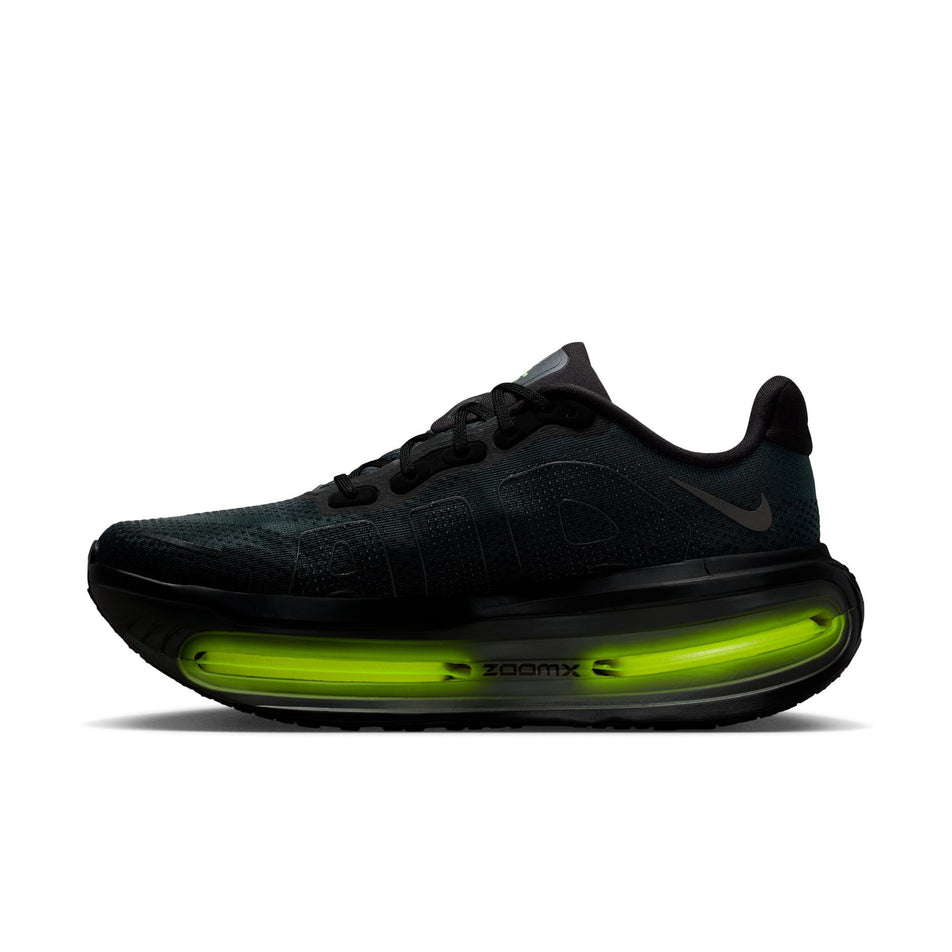 Medial view of the right shoe from a pair of Nike Men's Vomero Premium Running Shoes in the Black/Iron Grey-Anthracite-Volt colourway.