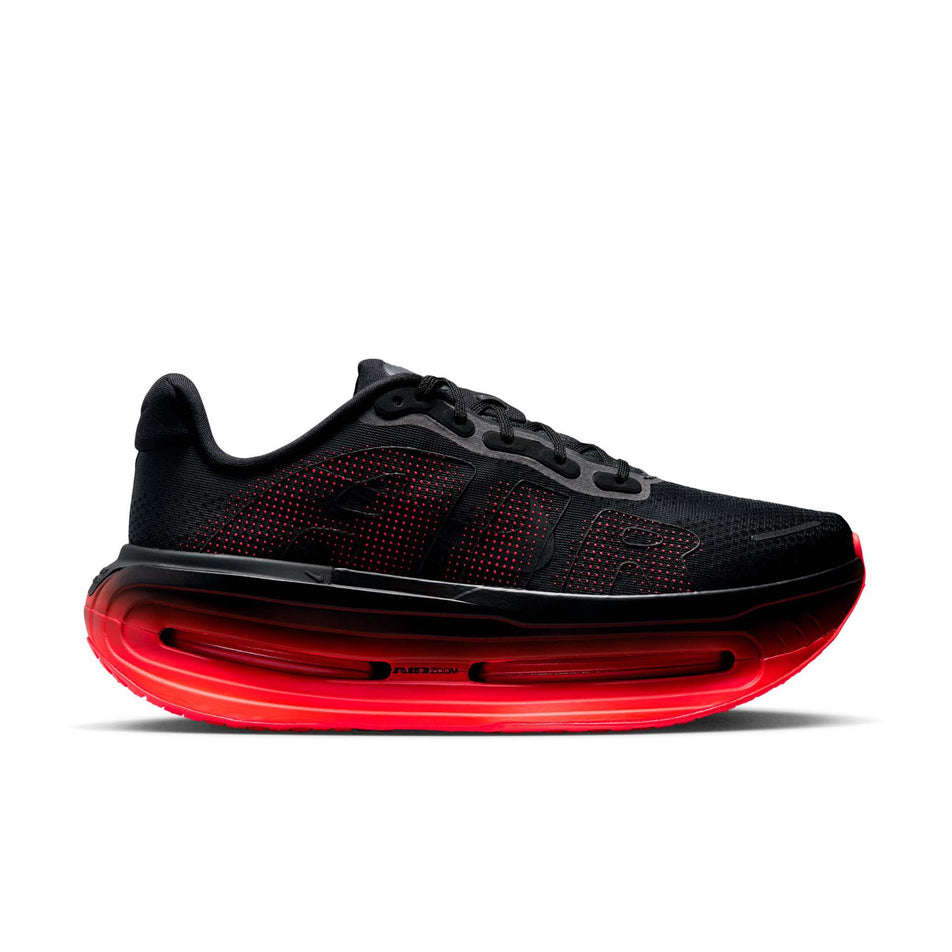 Lateral view of the right shoe from a pair of Nike Men's Vomero Premium Road Running Shoes in the Black/Black-Bright Crimson colourway.