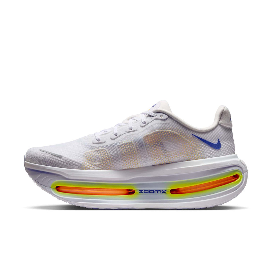 Medial view of the right shoe from a pair of Nike Men's Vomero Premium Road Running Shoes in the White/Lapis-Total Orange-Laser Orange colourway.