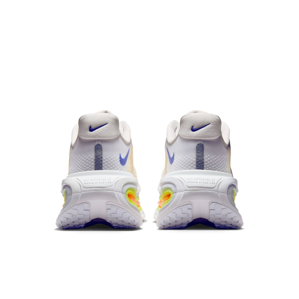The back of a pair of Nike Men's Vomero Premium Road Running Shoes in the White/Lapis-Total Orange-Laser Orange colourway.