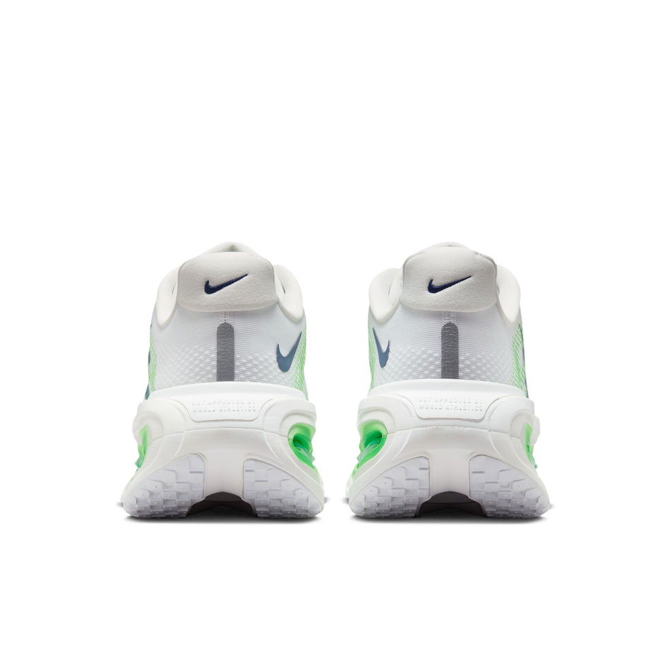 The back of a pair of Nike Men's Vomero Premium Road Running Shoes in the White/Midnight Navy-Green Spark colourway.