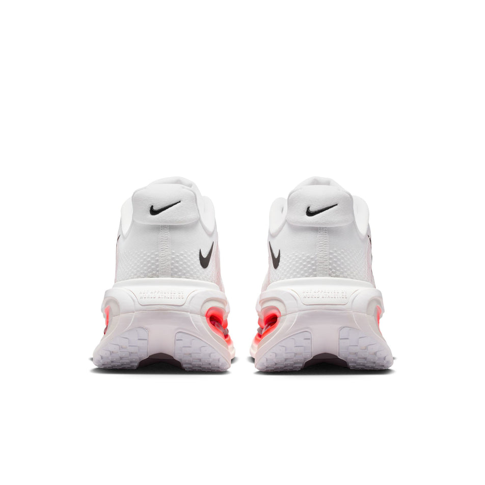 The back of a pair of Nike Men's Vomero Premium Road Running Shoes in the White/Black-Bright Crimson-Photon Dust colourway.