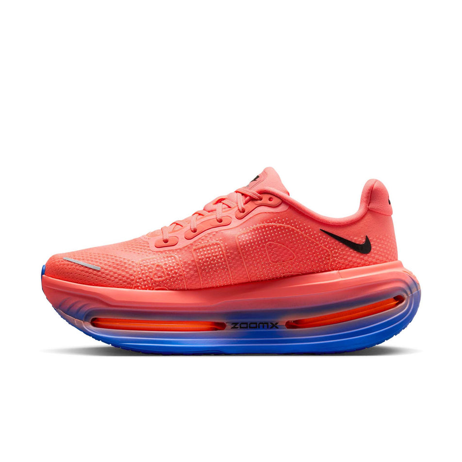 Medial view of the right shoe from a pair of Nike Men's Vomero Premium Road Running Shoes in the Atomic Pink/Black-Racer Blue colourway.