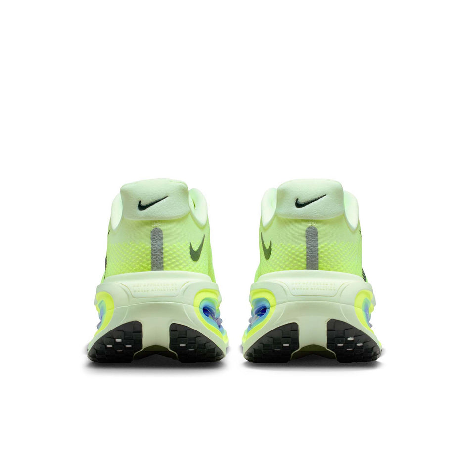 The back of a pair of Nike Men's Vomero Premium Road Running Shoes in the Volt Tint/Black Spruce-Sapphire-Volt colourway.