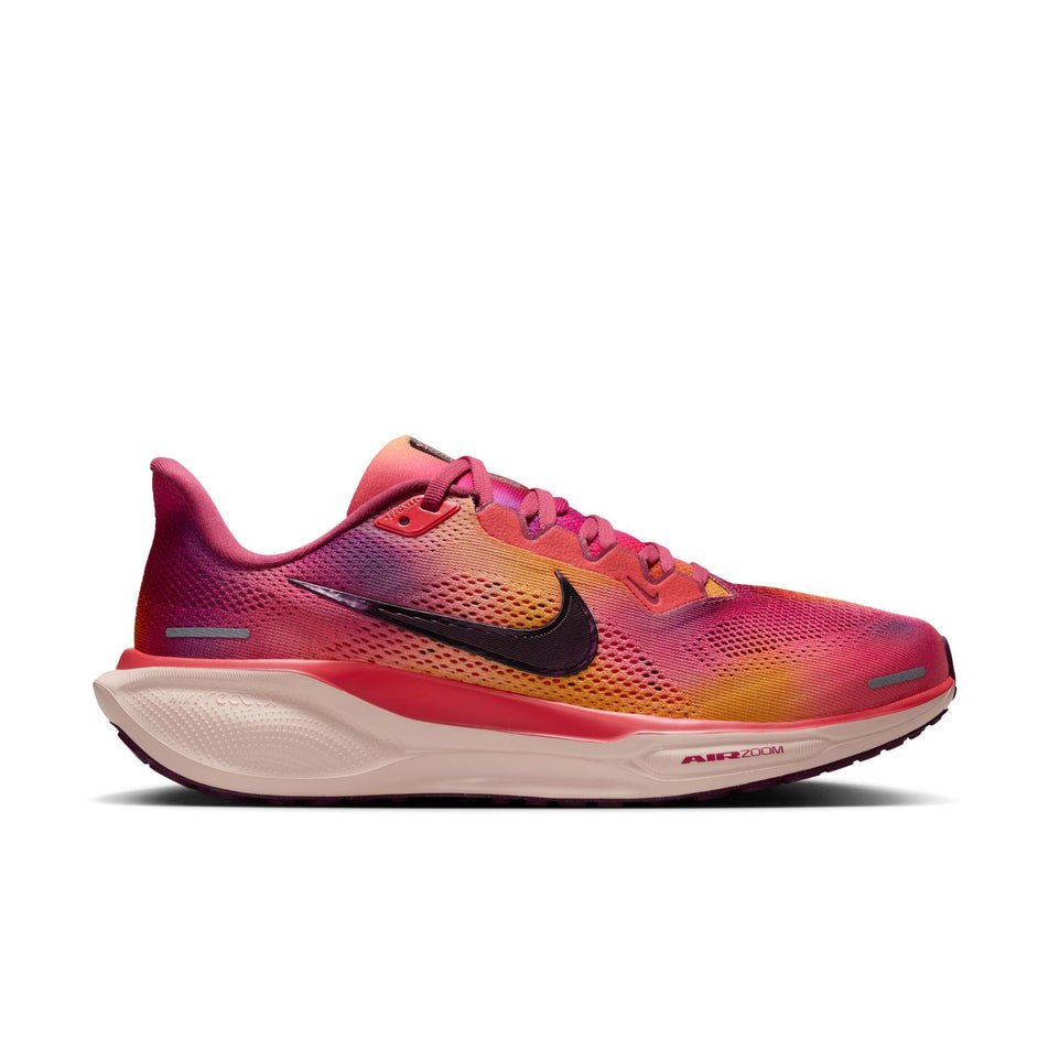 Lateral view of the right shoe from a pair of Nike Women's Pegasus 41 Road Running Shoes in the Ember Glow/Bordeaux-Washed Coral colourway. (8724657340578)