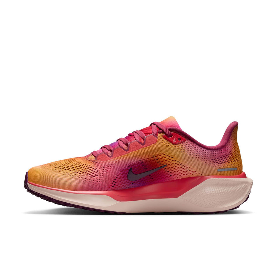 Medial view of the right shoe from a pair of Nike Women's Pegasus 41 Road Running Shoes in the Ember Glow/Bordeaux-Washed Coral colourway. (8724657340578)
