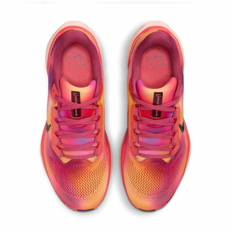 The uppers of a pair of Nike Women's Pegasus 41 Road Running Shoes in the Ember Glow/Bordeaux-Washed Coral colourway. (8724657340578)