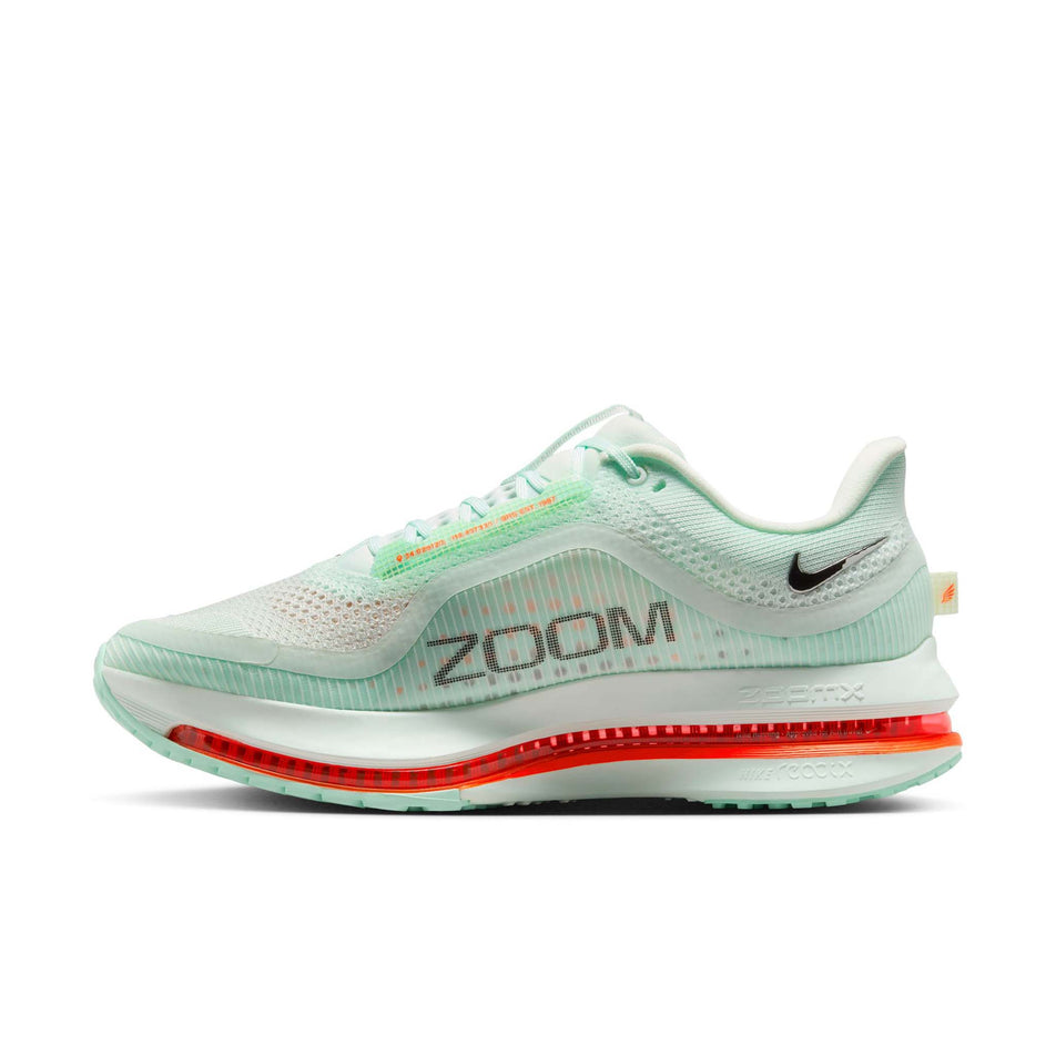 Medial view of the left shoe from a pair of Nike Men's Pegasus Premium Road Running Shoes in the Barely Green/Bright Crimson-Mint Foam colourway. (8683294982306)