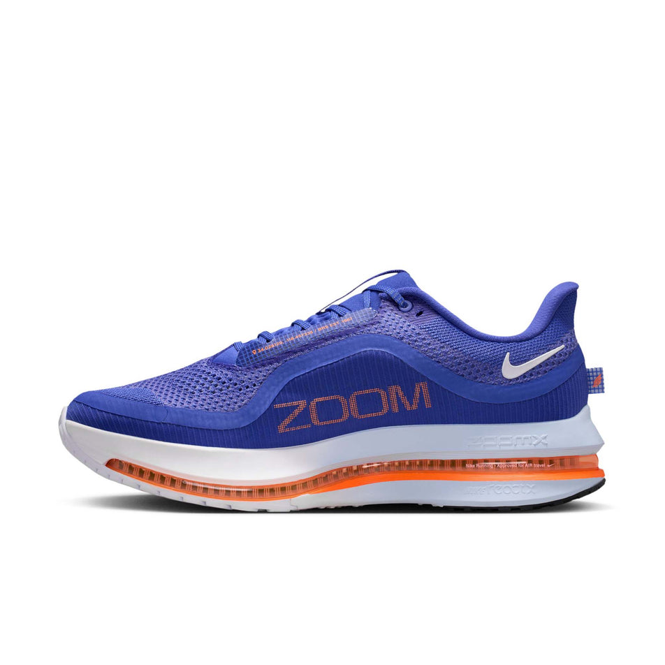 Medial view of the right shoe from a pair of Nike Men's Pegasus Premium Road Running Shoes in the Lapis/White-Total Orange-Off Noir colourway.