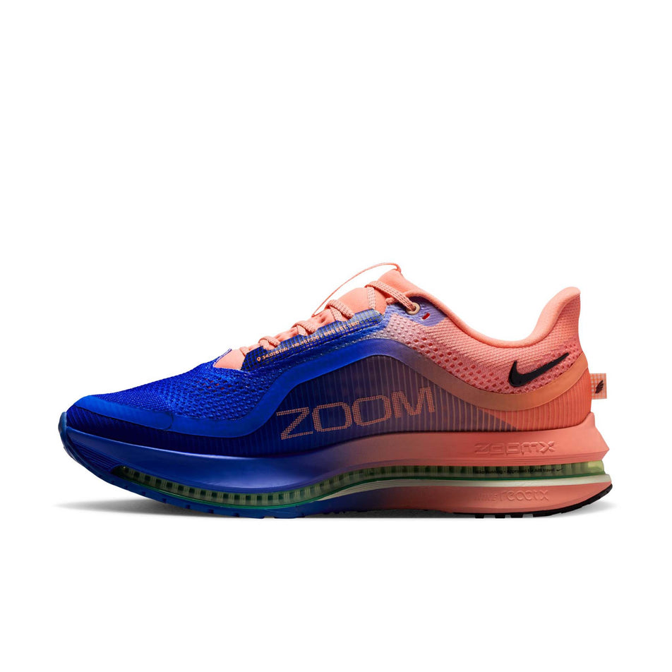 Medial view of the right shoe from a pair of Nike Men's Pegasus Premium Road Running Shoes in the Racer Blue/Black-Atomic Pink-Volt Tint colourway.