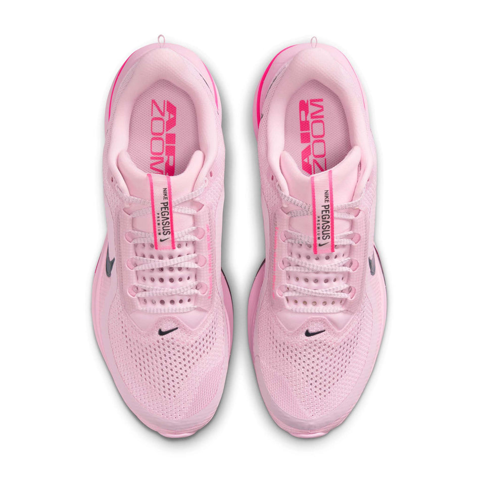 The uppers of a pair of Nike Men's Pegasus Premium Road Running Shoes in the Pink Foam/Off Noir-Black-Hyper Pink colourway. (8791543054498)