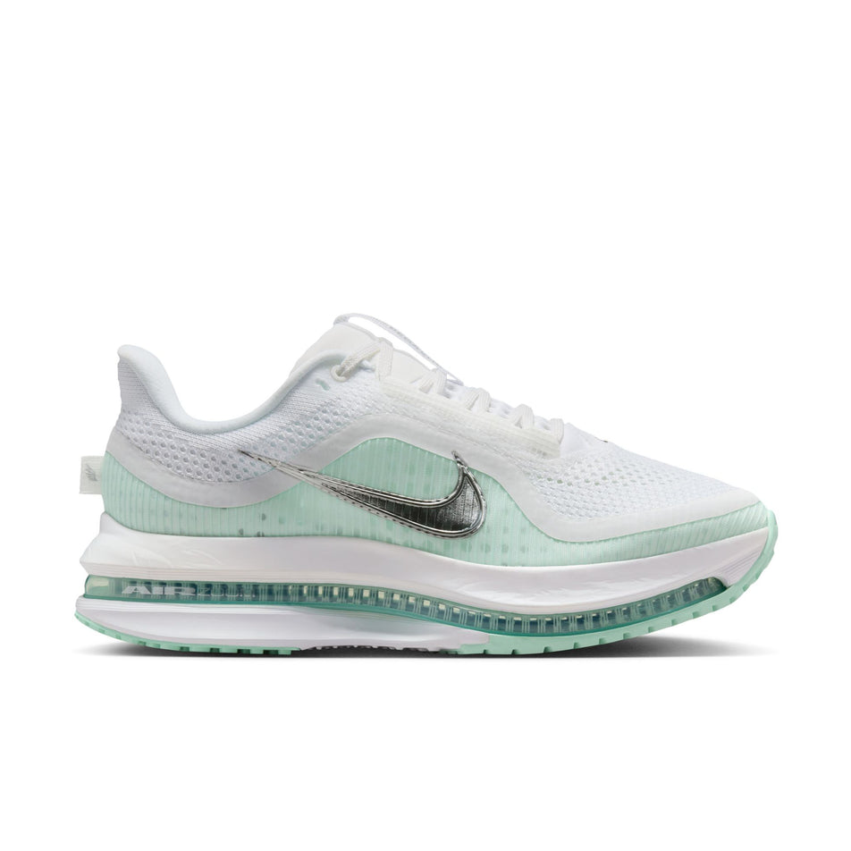 Lateral view of the right shoe from a pair of Nike Women's Pegasus Premium Road Running Shoes in the White/Metallic Silver-Mint Foam-Cannon colourway. (8684688933026)