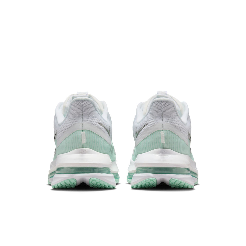 The back of a pair of Nike Women's Pegasus Premium Road Running Shoes in the White/Metallic Silver-Mint Foam-Cannon colourway. (8684688933026)