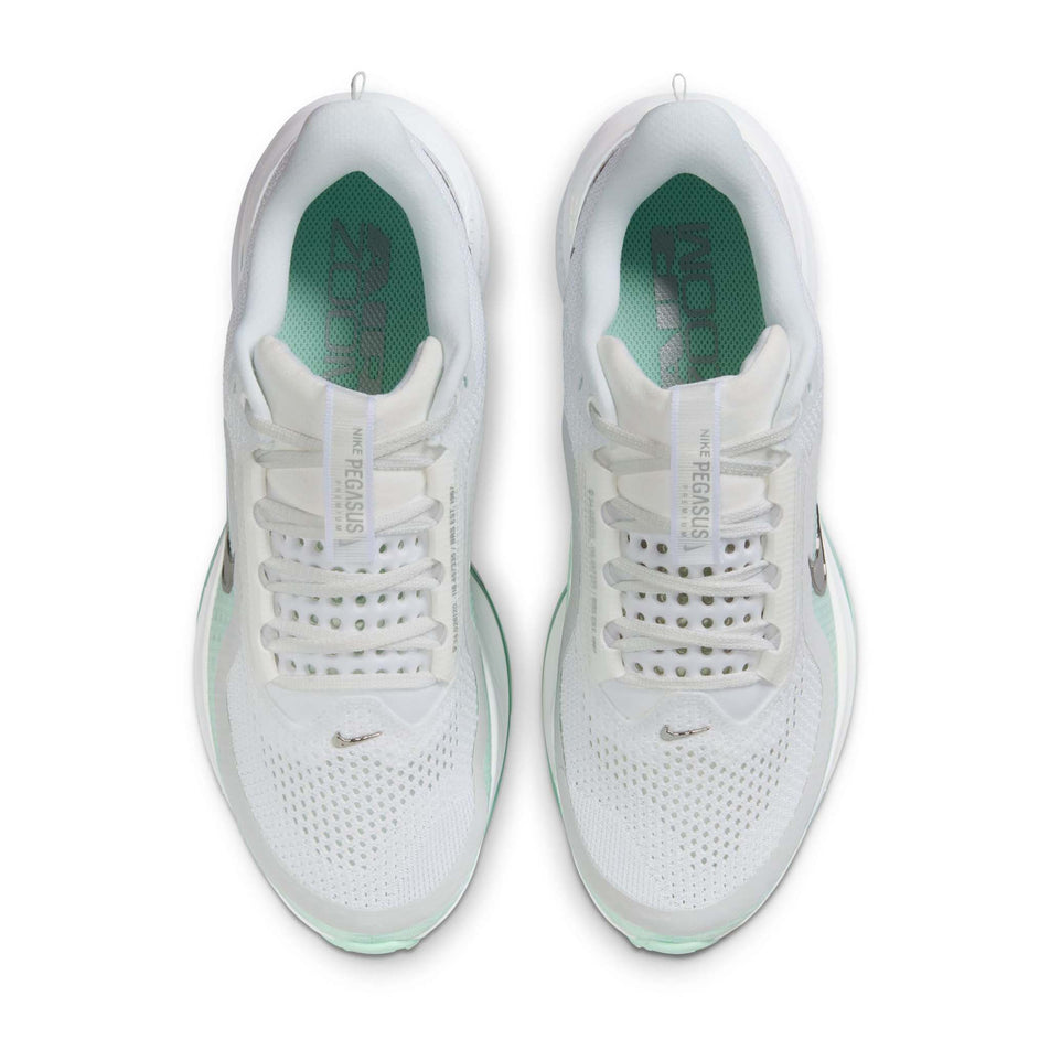 The upper of a pair of Nike Women's Pegasus Premium Road Running Shoes in the White/Metallic Silver-Mint Foam-Cannon colourway. (8684688933026)