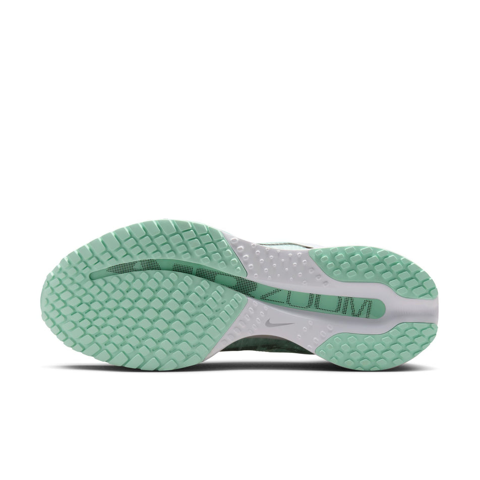 The outsole of the left shoe from a pair of Nike Women's Pegasus Premium Road Running Shoes in the White/Metallic Silver-Mint Foam-Cannon colourway. (8684688933026)