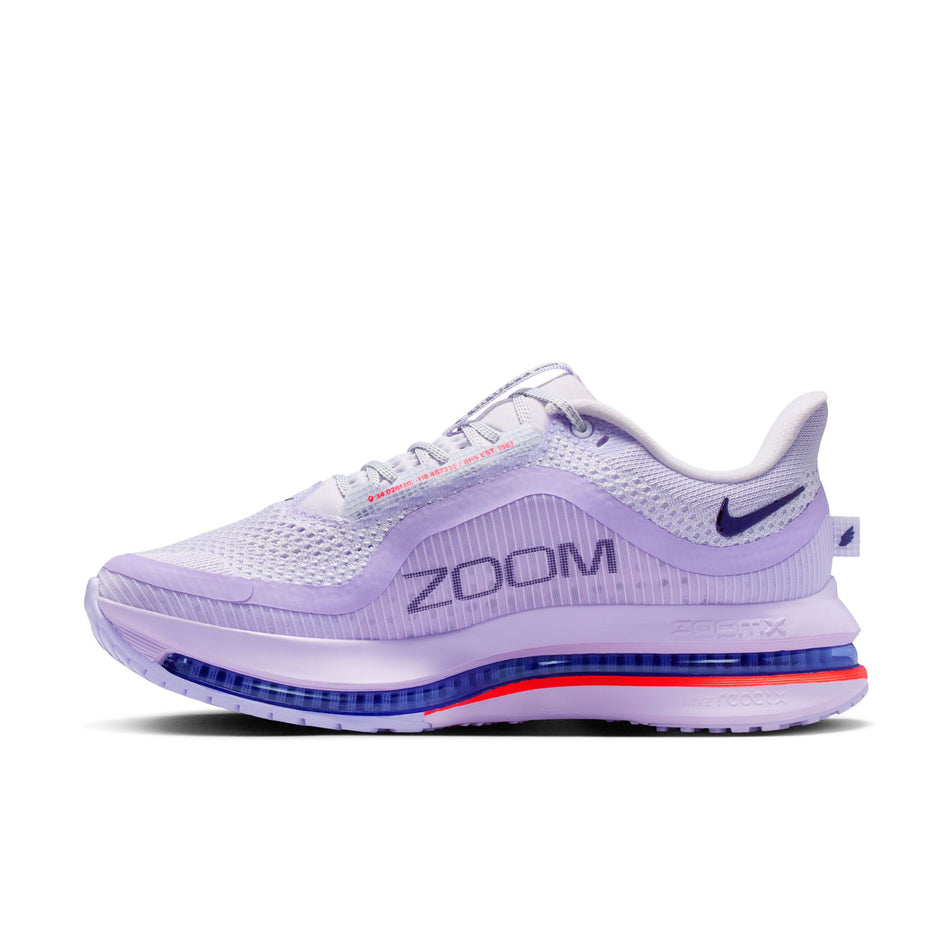 Medial view of the right shoe from a pair of Nike Women's Pegasus Premium Road Running Shoes in the Barely Grape/Purple Dynasty-Violet Mist colourway.