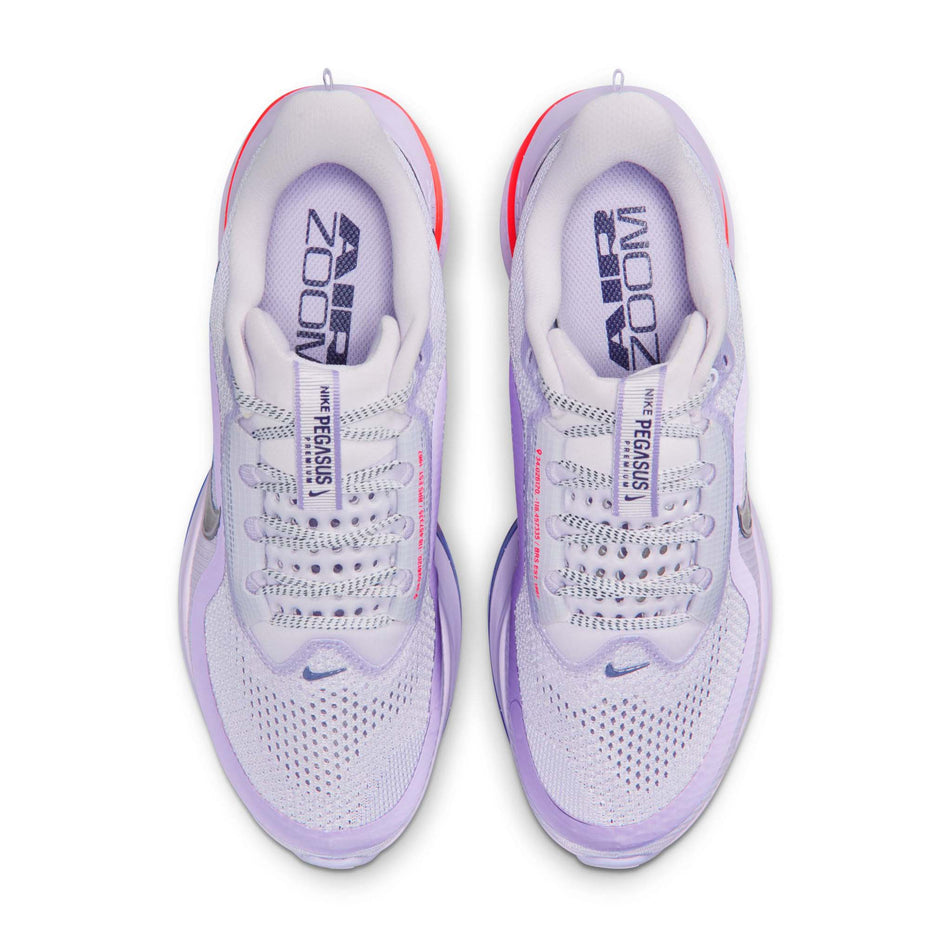 The uppers of a pair of Nike Women's Pegasus Premium Road Running Shoes in the Barely Grape/Purple Dynasty-Violet Mist colourway.