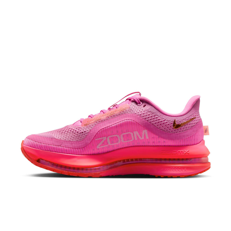 Medial view of the right shoe from a pair of Nike Women's Pegasus Premium Road Running Shoes in the Playful Pink/Bright Crimson-Hyper Pink colourway. (8684696371362)