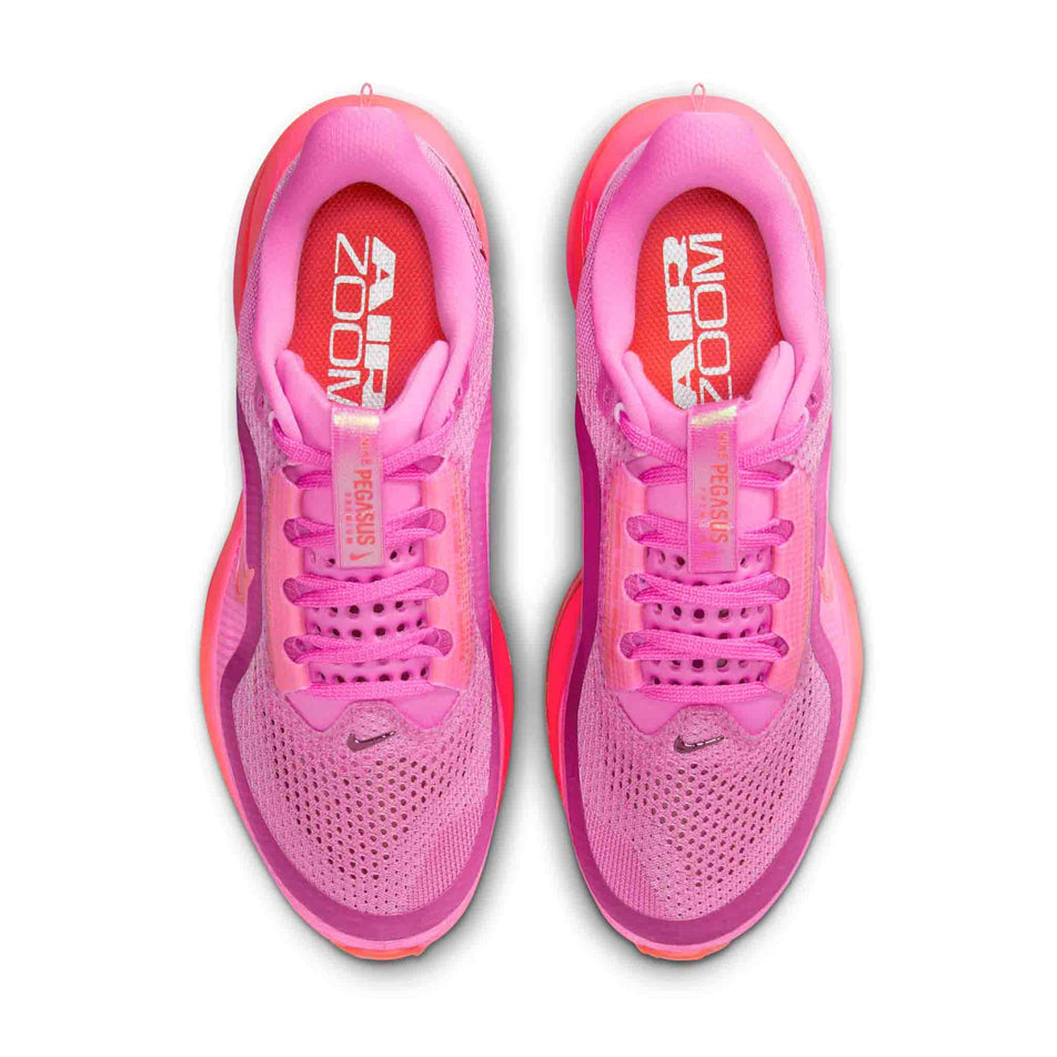 The uppers of a pair of Nike Women's Pegasus Premium Road Running Shoes in the Playful Pink/Bright Crimson-Hyper Pink colourway. (8684696371362)