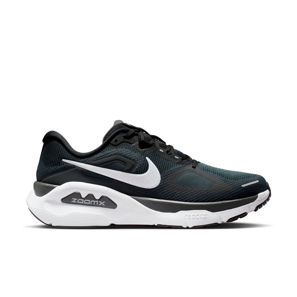 Lateral view of the right shoe from a pair of Nike Men's Structure Plus Road Running Shoes in the Black/White-Anthracite colourway.