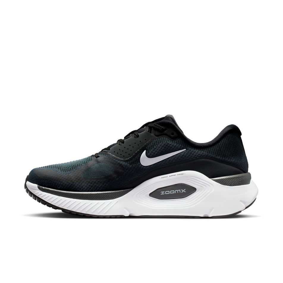 Medial view of the right shoe from a pair of Nike Men's Structure Plus Road Running Shoes in the Black/White-Anthracite colourway.