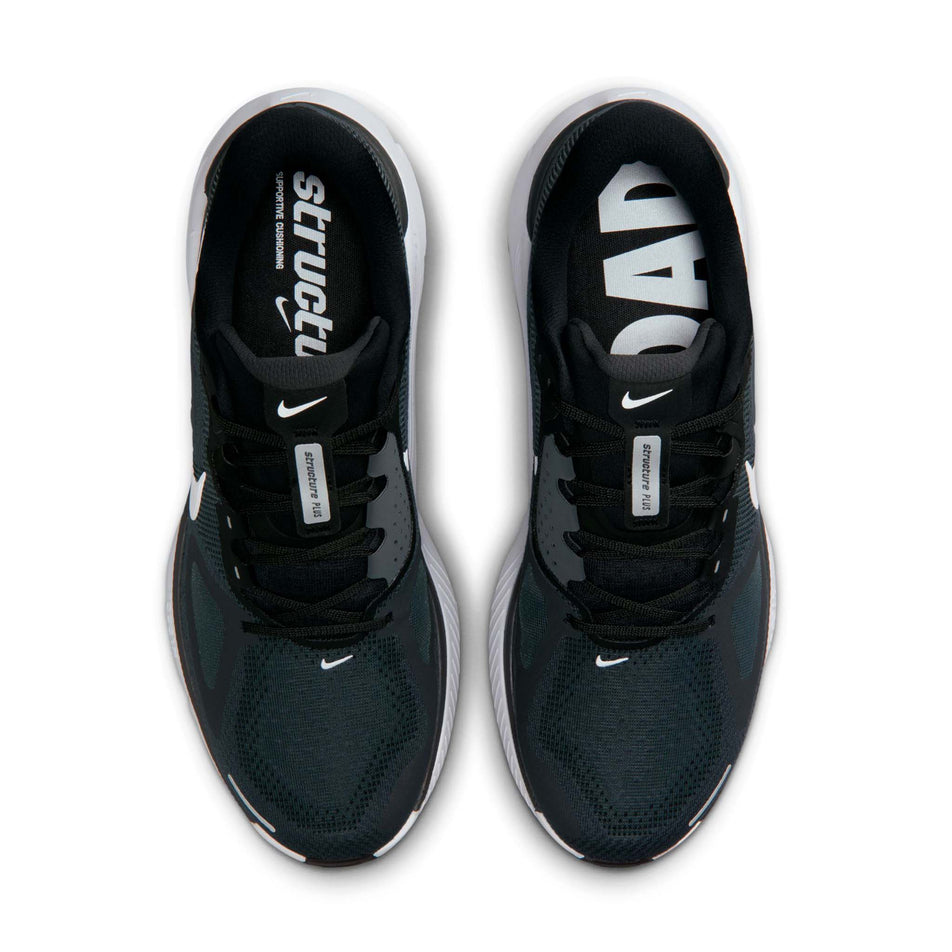 The uppers of a pair of Nike Men's Structure Plus Road Running Shoes in the Black/White-Anthracite colourway.