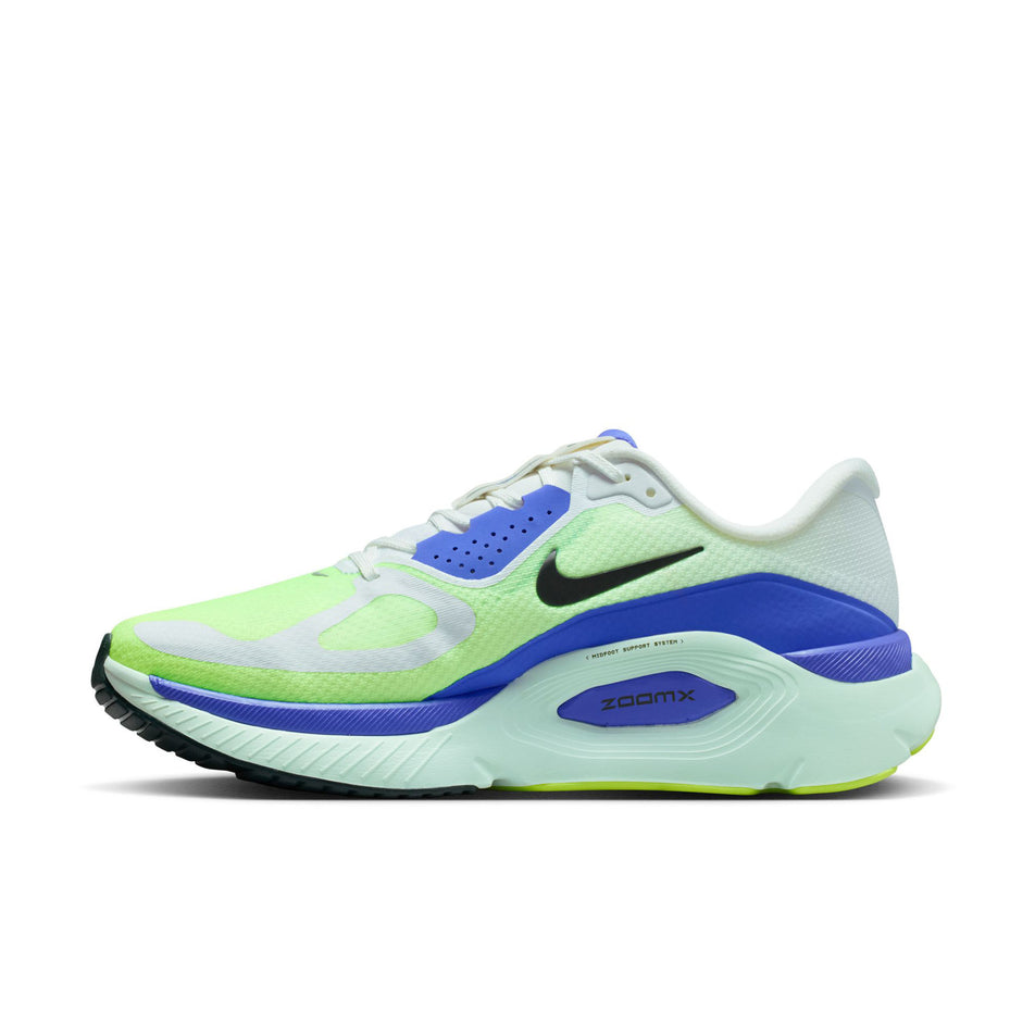 Medial view of the right shoe from a pair of Nike Men's Structure Plus Road Running Shoes in the White/Black Spruce-Volt Ice-Barely Green colourway.