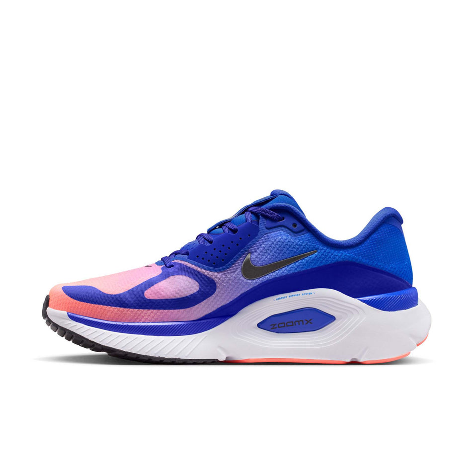 Medial view of the right shoe from a pair of Nike Men's Structure Plus Road Running Shoes in the Racer Blue/Black-Atomic Pink-White colourway.
