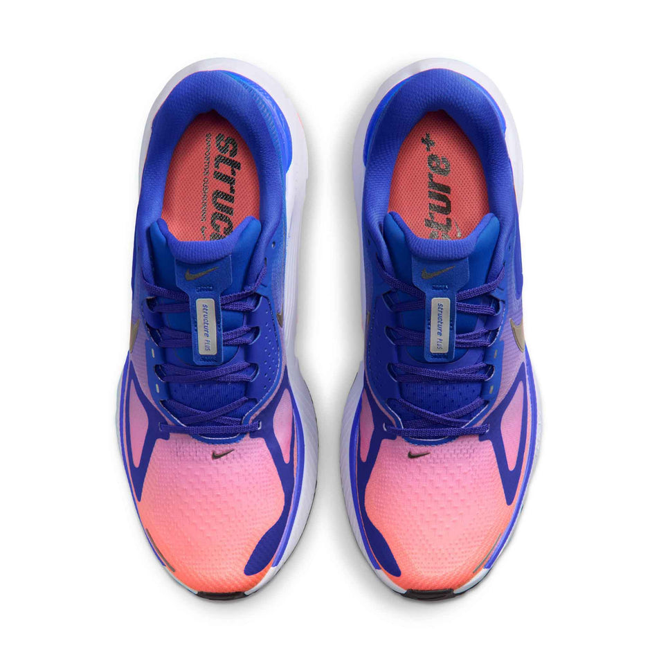 The uppers of a pair of Nike Men's Structure Plus Road Running Shoes in the Racer Blue/Black-Atomic Pink-White colourway.