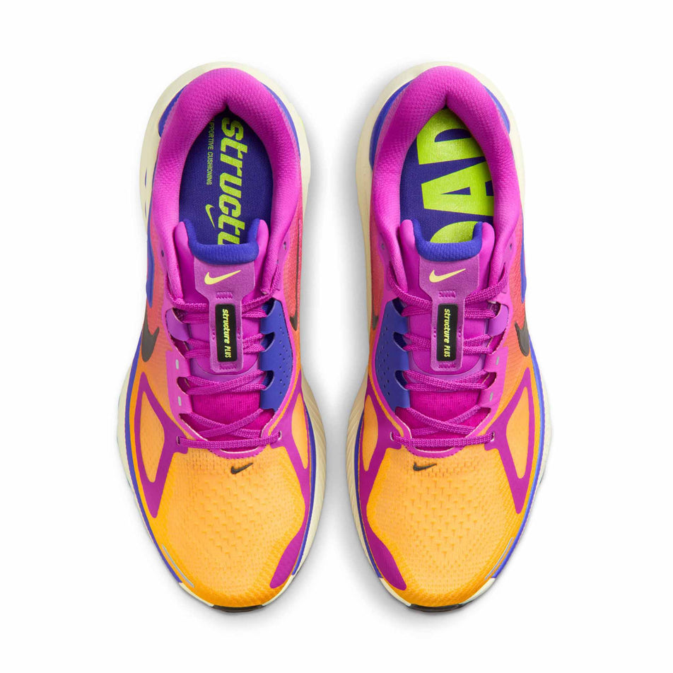 The uppers of a pair of Nike Men's Structure Plus Road Running Shoes in the Hyper Violet/Black-Citron Pulse colourway.