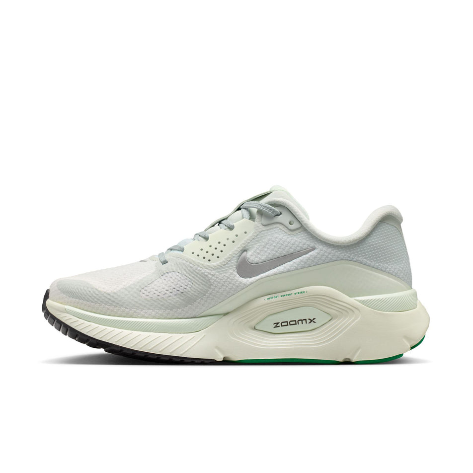 Medial view of the right shoe from a pair of Nike Women's Structure Plus Road Running Shoes in the Light Silver/Metallic Silver colourway.