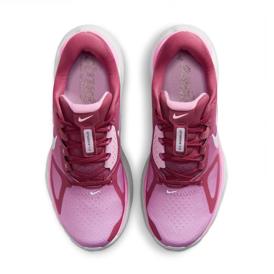 The uppers of a pair of Nike Women's Structure Plus Road Running Shoes in the Pink Smoke/White-Pink Rise-Light Magenta colourway.