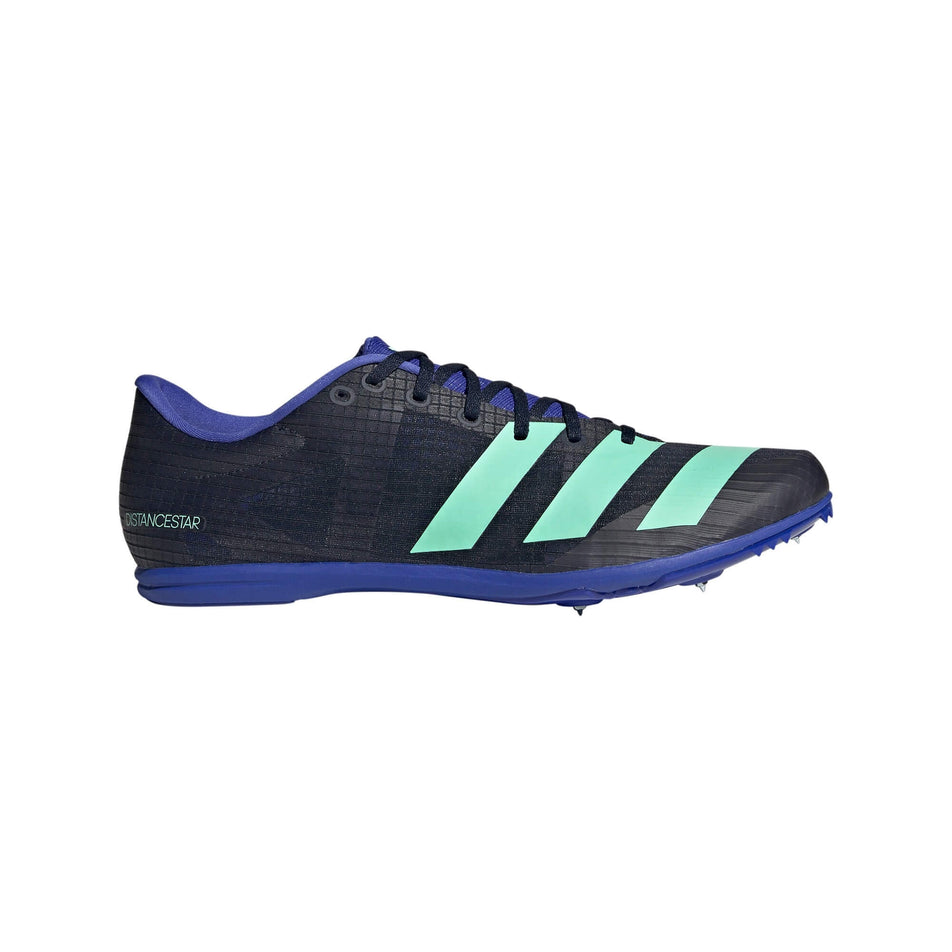 Lateral side of the right shoe from a pair of adidas Unisex Distancestar Running Spikes in the Legend Ink/Pulse Mint colourway (7916227494050)