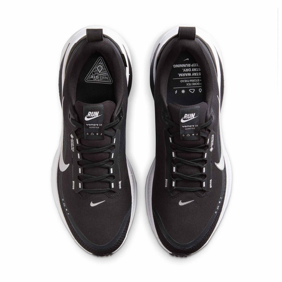 The uppers of a pair of Nike Men's Vomero 18 GORE-TEX Road Running Shoes in the Black/Metallic Silver-Anthracite-White colourway. (8754898501794)