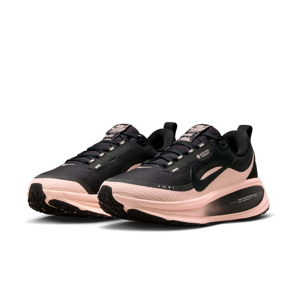 A pair of Nike Women's Vomero 18 GORE-TEX Road Running Shoes in the Black/Black-Crimson Tint-Black colourway. (8756162494626)