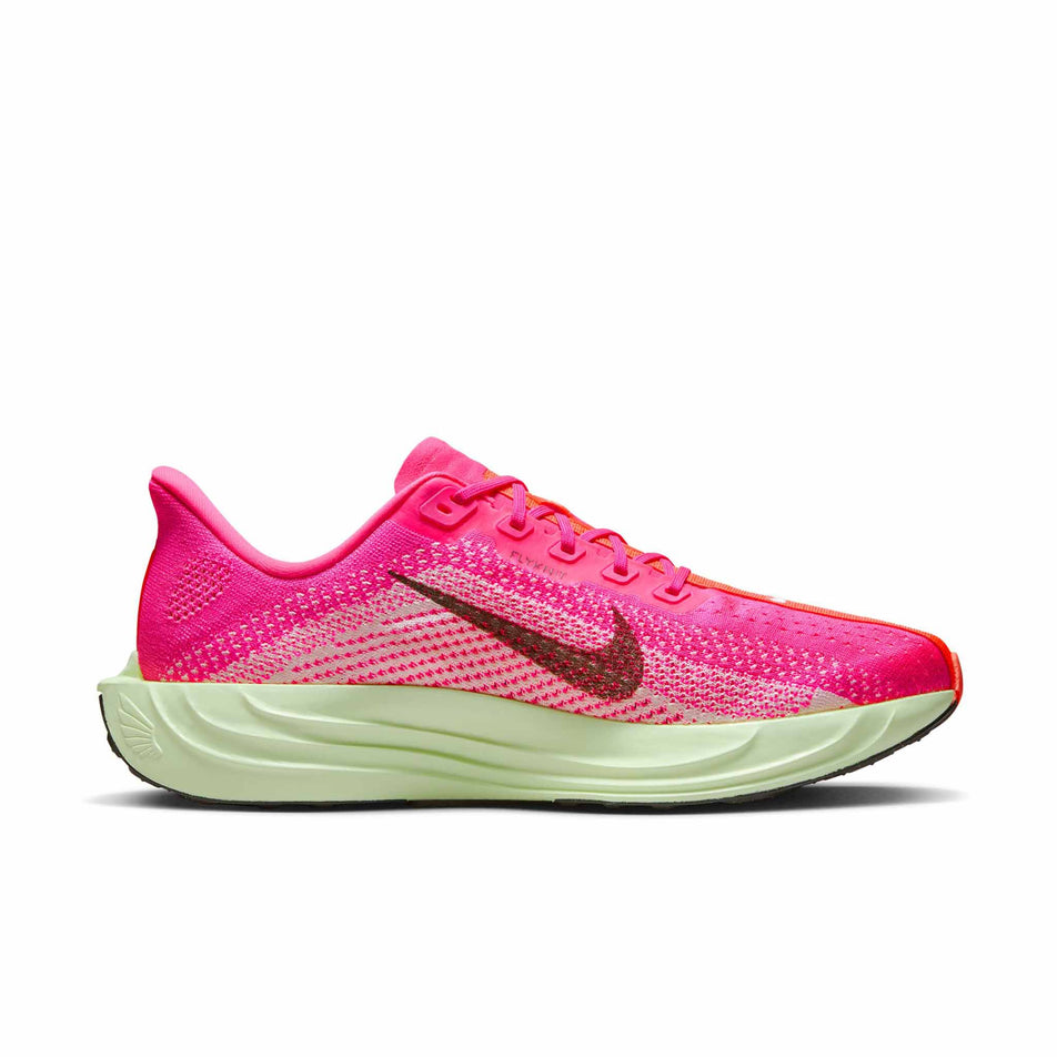 Medial view of the left shoe from a pair of Nike Men's Pegasus Plus Road Running Shoes in the Hyper Pink/Sequoia-Bright Crimson colourway. (8614436044962)