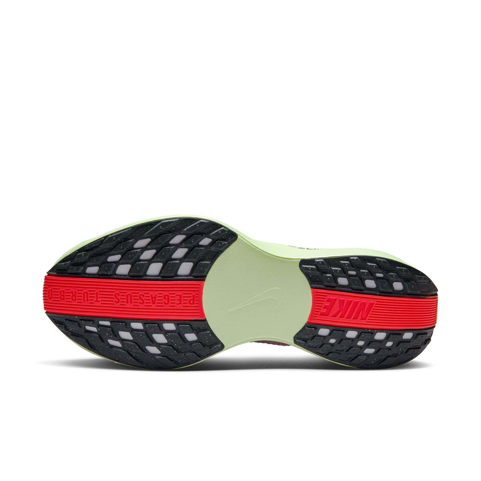 The outsole of the left shoe from a pair of Nike Men's Pegasus Plus Road Running Shoes in the Hyper Pink/Sequoia-Bright Crimson colourway. (8614436044962)