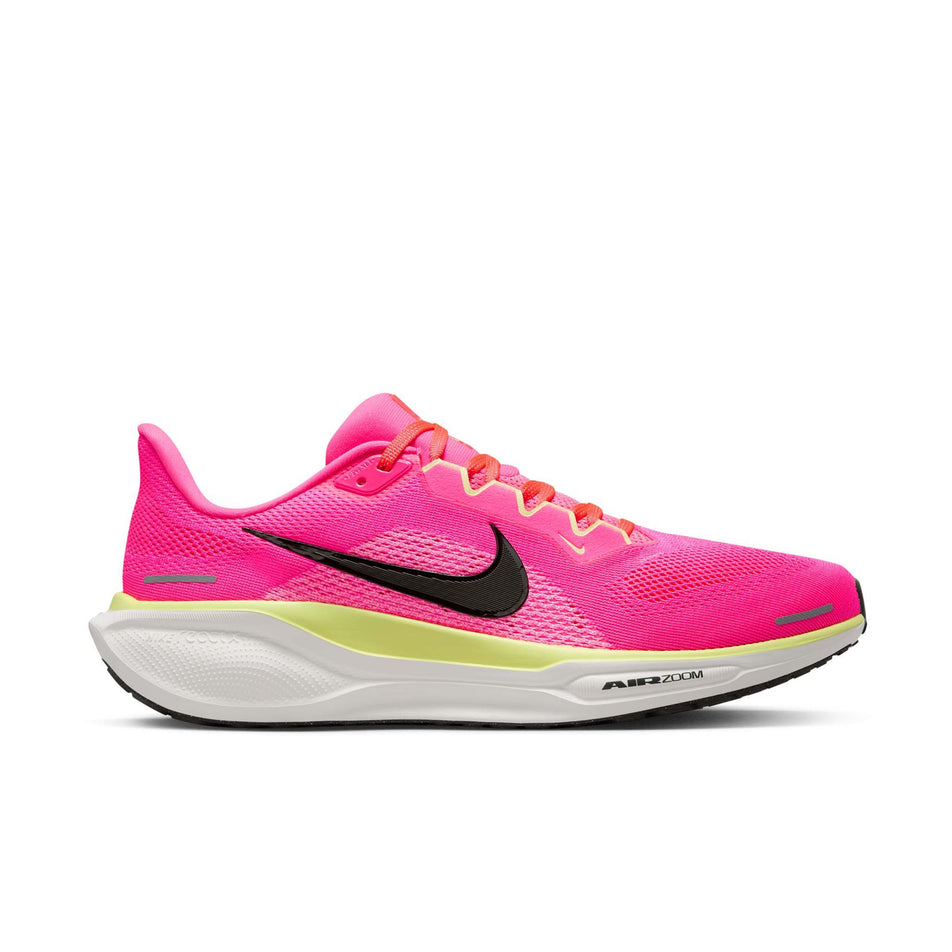 Lateral view of the right shoe from a pair of Nike Men's Pegasus 41 Road Running Shoes in the Hyper Pink/Sequoia-Guava Ice colourway. (8620728484002)