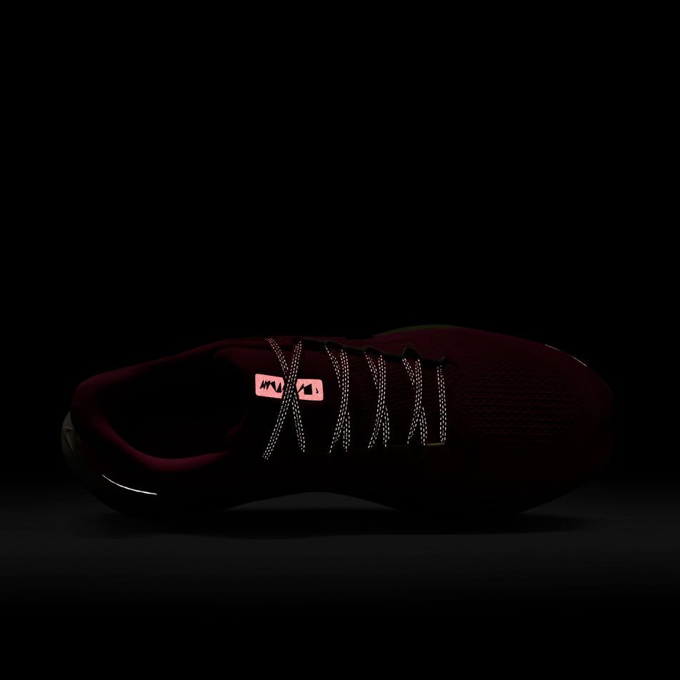 The reflective laces on the left shoe from a pair of Nike Men's Pegasus 41 Road Running Shoes in the Hyper Pink/Sequoia-Guava Ice colourway. (8620728484002)