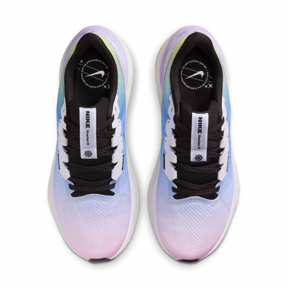 The uppers on a pair of Nike Women's Structure 25 SE Road Running Shoes in the Amethyst Tint/Metallic Gold-Black colourway. (8615551631522)