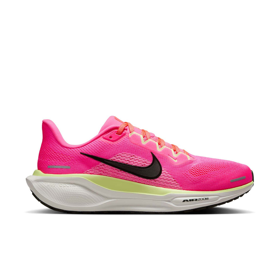 Lateral view of the right shoe from a pair of Nike Women's Pegasus 41 Road Running Shoes in the Hyper Pink/Sequoia-Guava Ice colourway. (8620734120098)