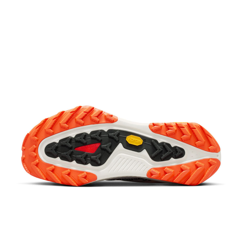 The outsole of the left shoe from a pair of Nike Men's ACG Zegama Trail Running Shoes in the Summit White/Black-Phantom-Safety Orange colourway.