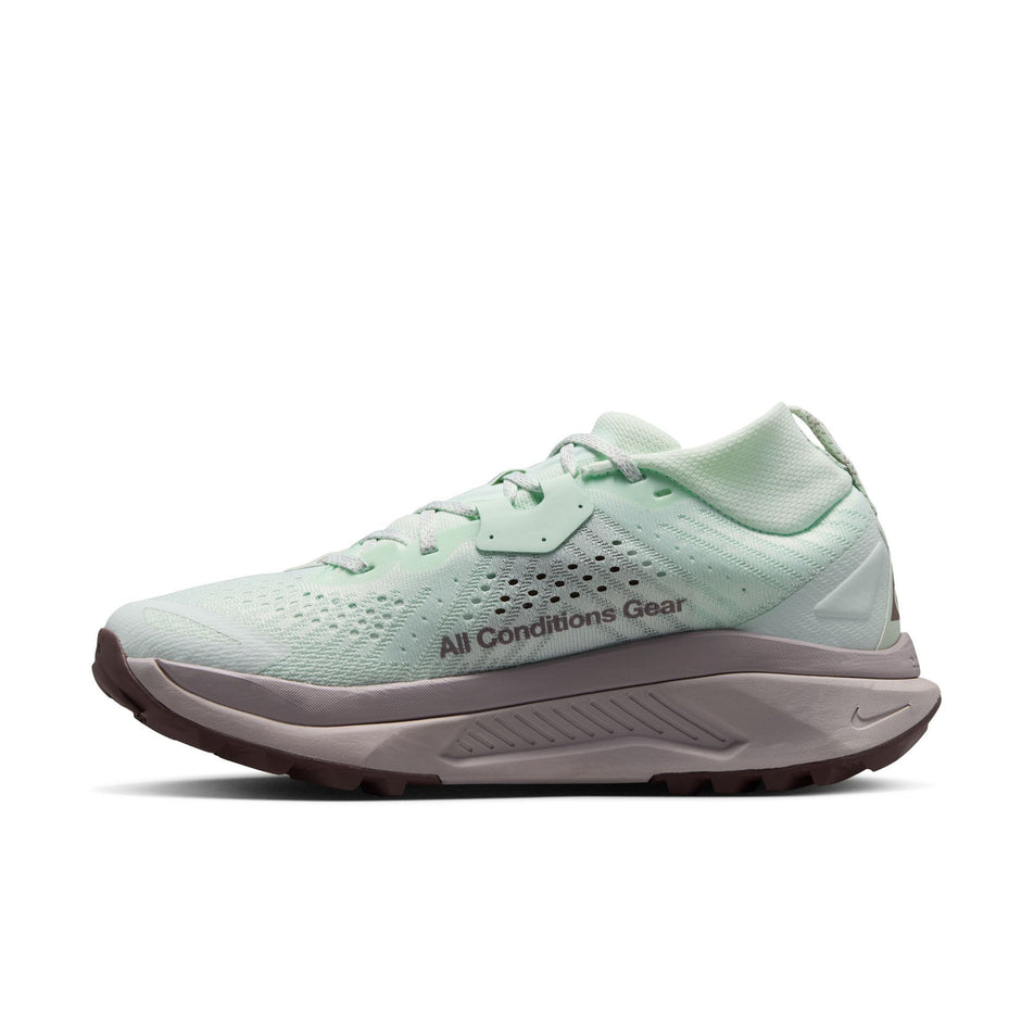 Medial view of the right shoe from a pair of Nike Women's ACG Zegama Trail Running Shoes in the Barely Green/Silver Lilac-Tattoo colourway.