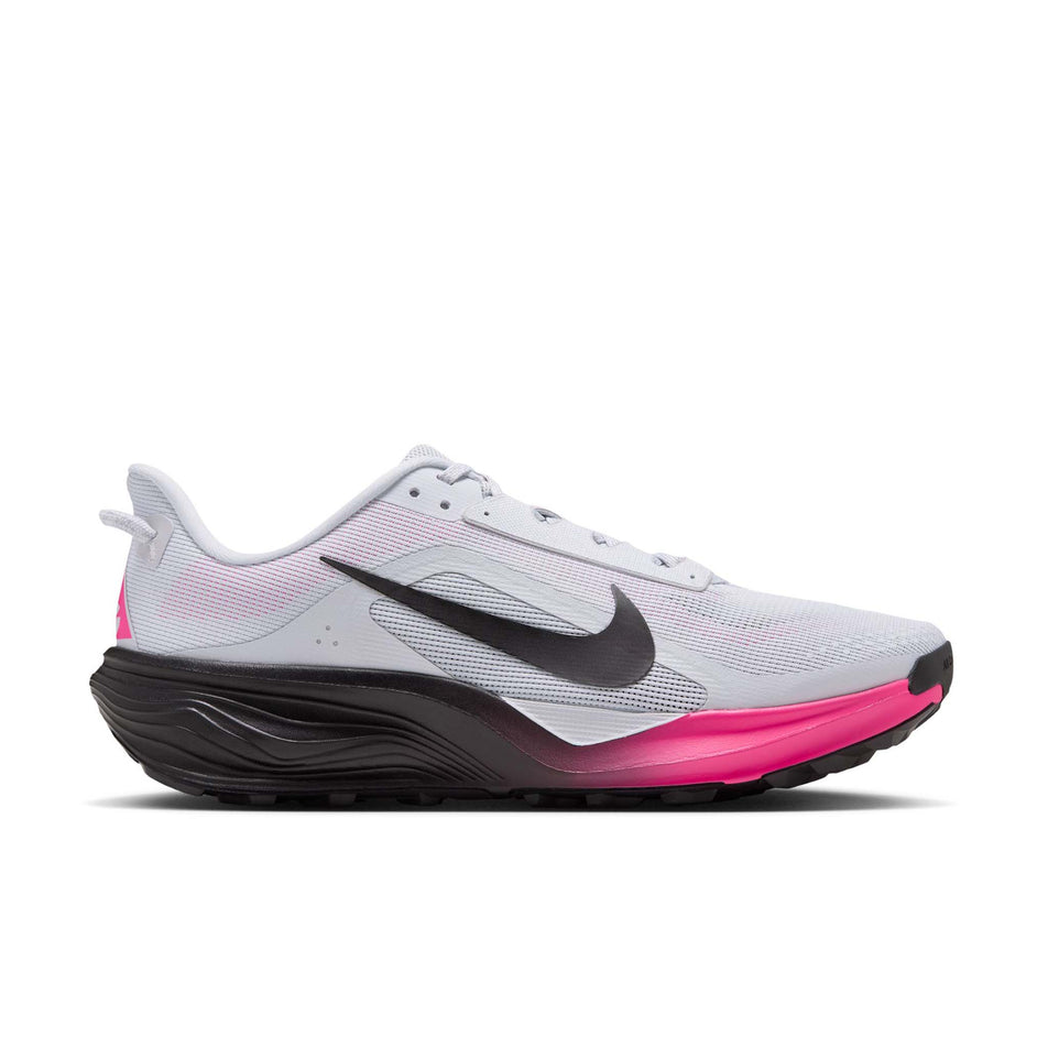 Lateral view of the right shoe from a pair of Nike Men's ACG Pegasus Trail Running Shoes in the Pure Platinum/Black-Hyper Pink colourway.