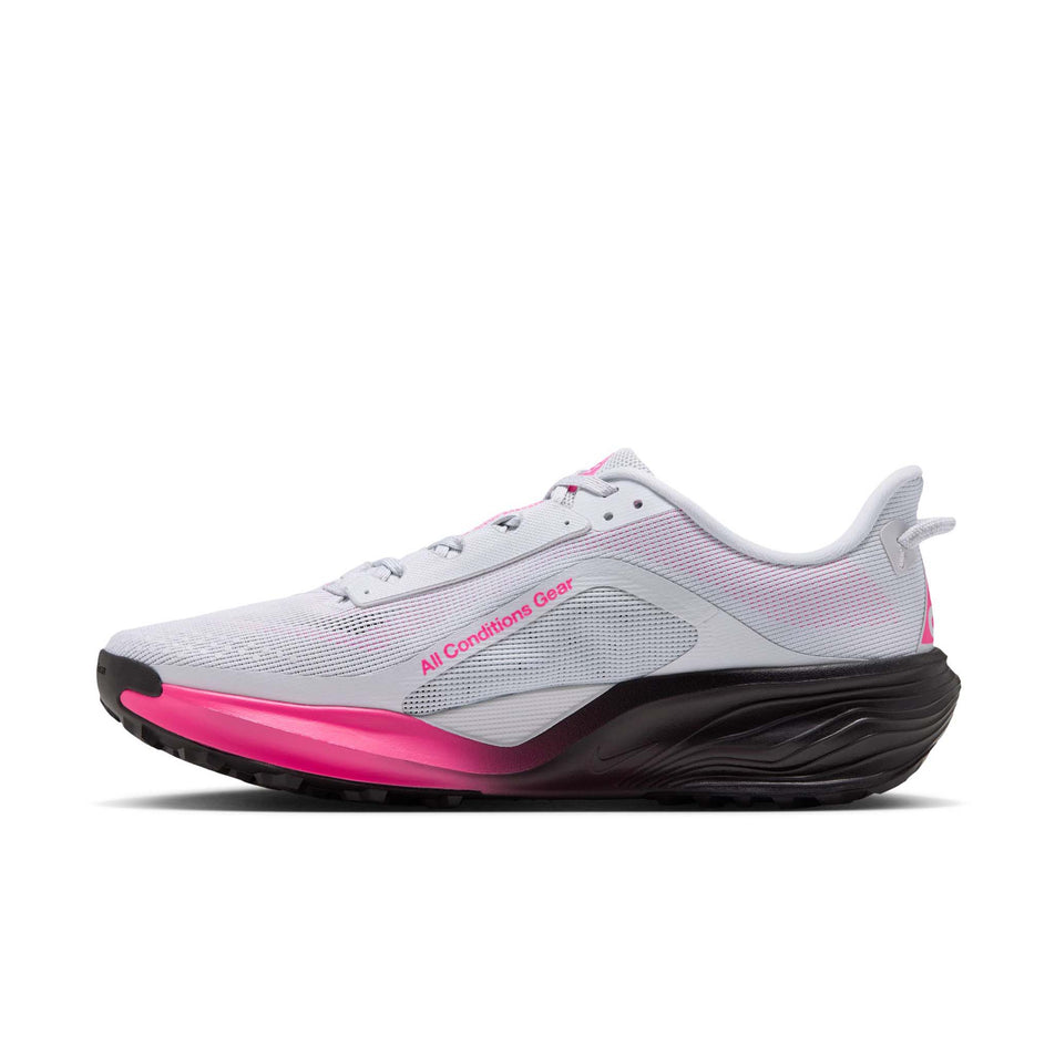 Medial view of the right shoe from a pair of Nike Men's ACG Pegasus Trail Running Shoes in the Pure Platinum/Black-Hyper Pink colourway.