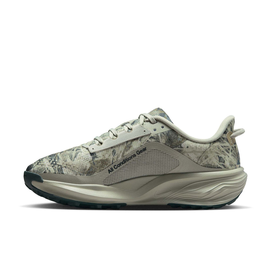 Medial view of the right shoe from a pair of Nike Women's ACG Pegasus Trail Running Shoes in the Spruce Fog/Black Spruce-Sea Glass colourway.