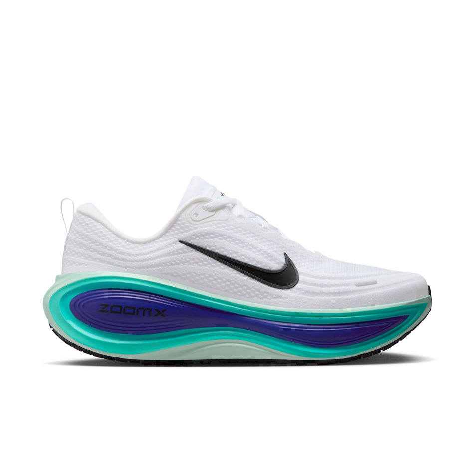 Lateral view of the right shoe from a pair of Nike Men's Vomero Plus Road Running Shoes in the White/Black-Bright Concord-Hyper Turquoise colourway. (8754894471330)