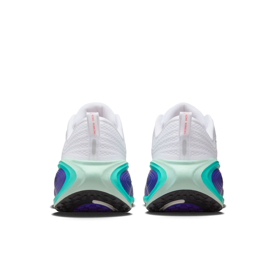 The back of a pair of Nike Men's Vomero Plus Road Running Shoes in the White/Black-Bright Concord-Hyper Turquoise colourway. (8754894471330)