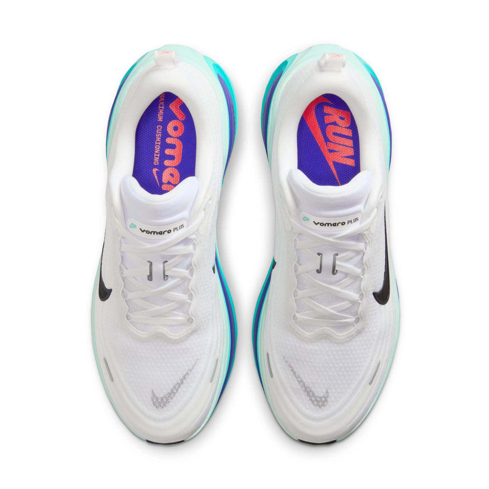 The uppers of a pair of Nike Men's Vomero Plus Road Running Shoes in the White/Black-Bright Concord-Hyper Turquoise colourway. (8754894471330)