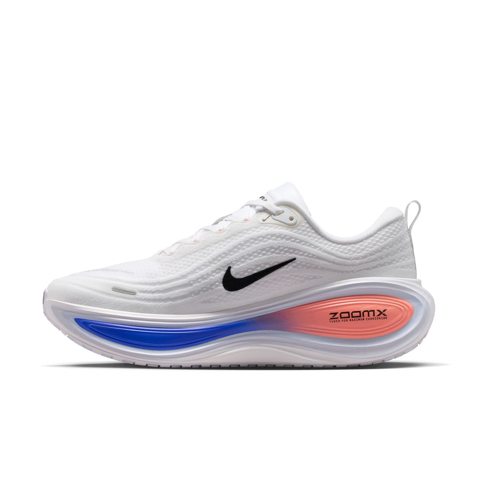 Medial view of the right shoe from a pair of Nike Men's Vomero Plus Road Running Shoes in the White/Black-Atomic Pink-Racer Blue colourway.